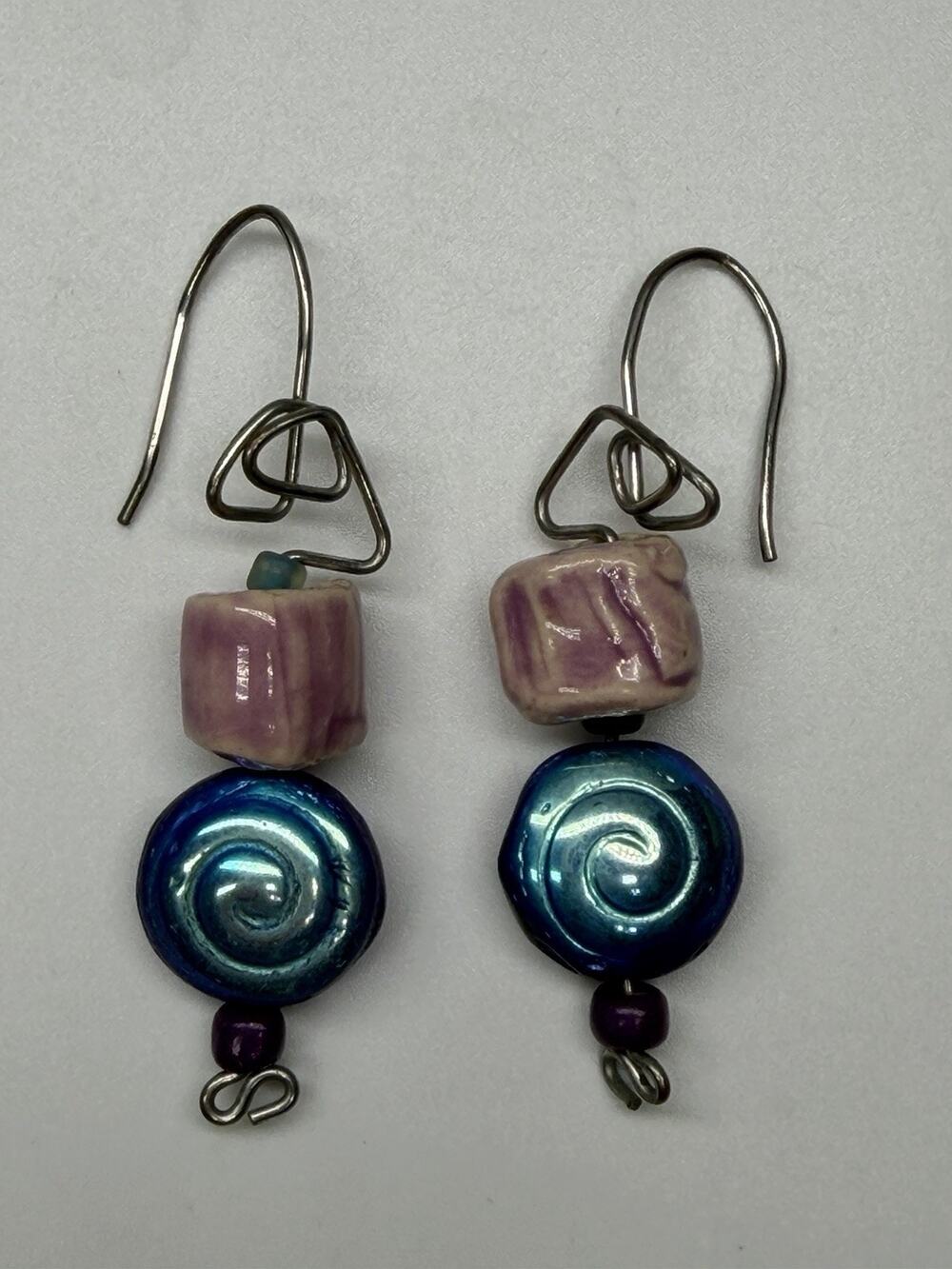 Artisan Ceramic Bead Dangle Earrings Iridescent Blue Spiral Purple Wire Wrap